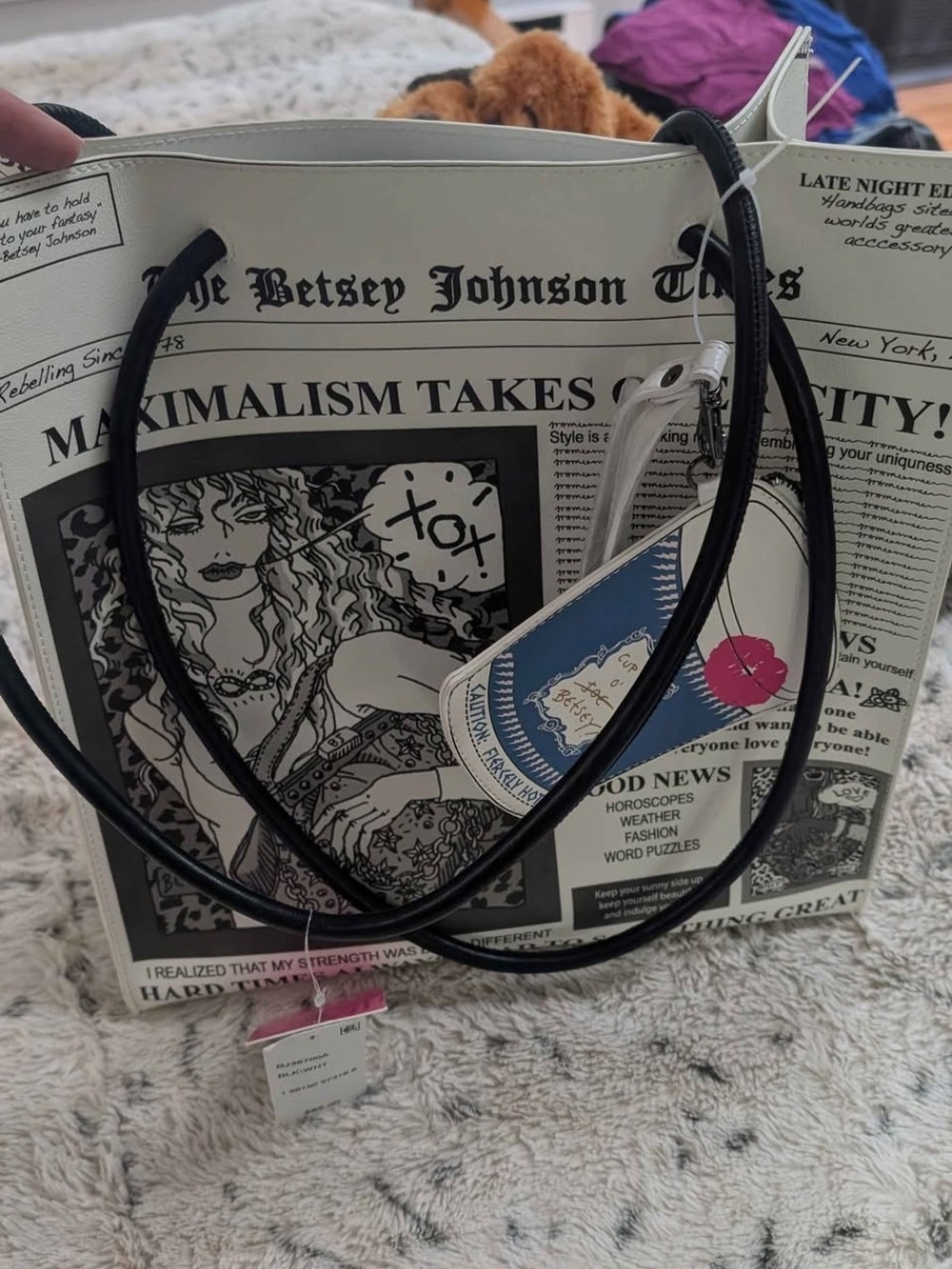 Betsey Johnson Black & White Newspaper Print Tote with Pink Tag